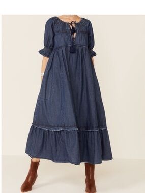 Free People One and Only Denim Dress Dark Denim Boho Ruffle Dress